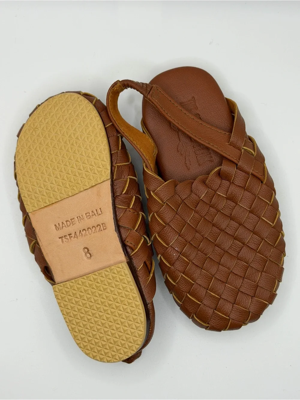 Kids Brown Woven Leather Slip-On Sandals (run small)